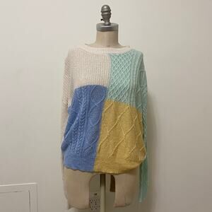 Mine Color block Chunky Knit Sweater Women's Y2K Large Blue Yellow Mint
